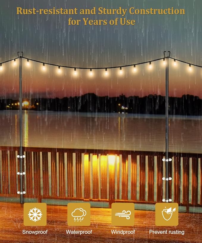 2 Pack 10FT String Light Poles for Outdoor Decor, Sturdy Light Pole with Fence Brackets, Adjustable Metal Posts for | Lumora