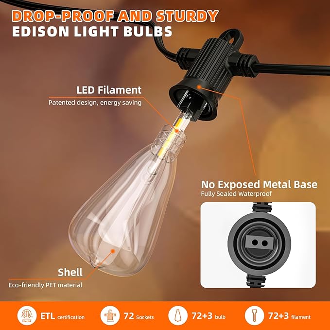 Kawaya Outdoor Lights String LED Patio Lights: 150FT Waterproof Commercial Grade Vintage String Lights for Outside | Lumora