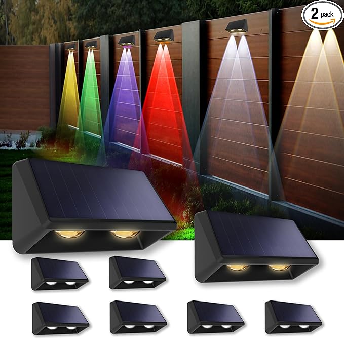 Solar Fence Lights Outdoor 8-Pack, 3000/4000/6000K & 8 RGB Colors, IP65 Waterproof LED Fence Lights Solar Powered, 100 Lumens Outdoor Light for Yard, Patio, Deck, Wall, Stair, Step, Railing (8PK)