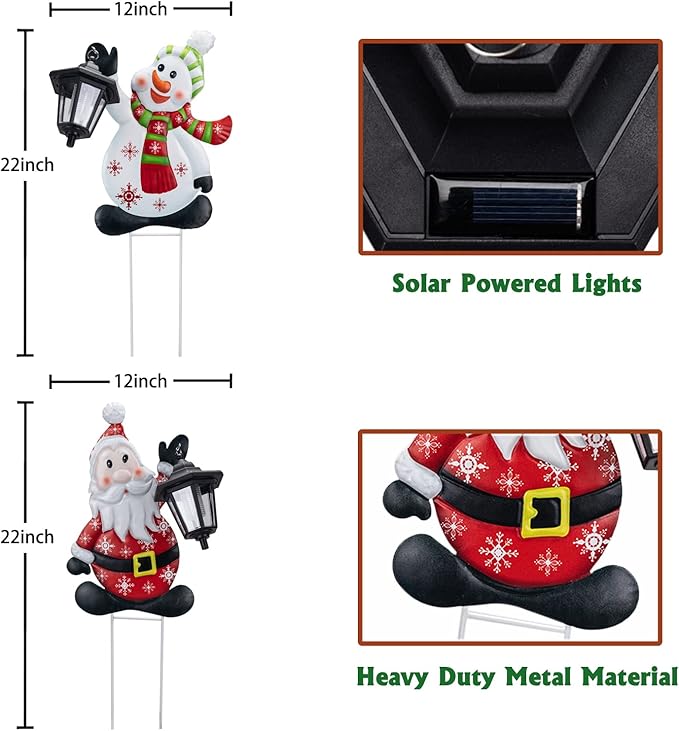 2pk Solar Garden Lights Christmas Decorations Metal Yard Signs Snowman and Santa Mixed Set for Christmas Newy Year Yard Garden Decor