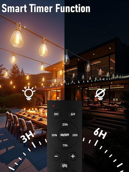 luckystyle 100FT LED Outdoor String Lights with Remote, 35+ 1 Shatterproof Bulbs Waterproof and Dimmable Patio Lights for Porch, Garden, Backyard, Deck, Balcony, 2200K Hanging Lighting