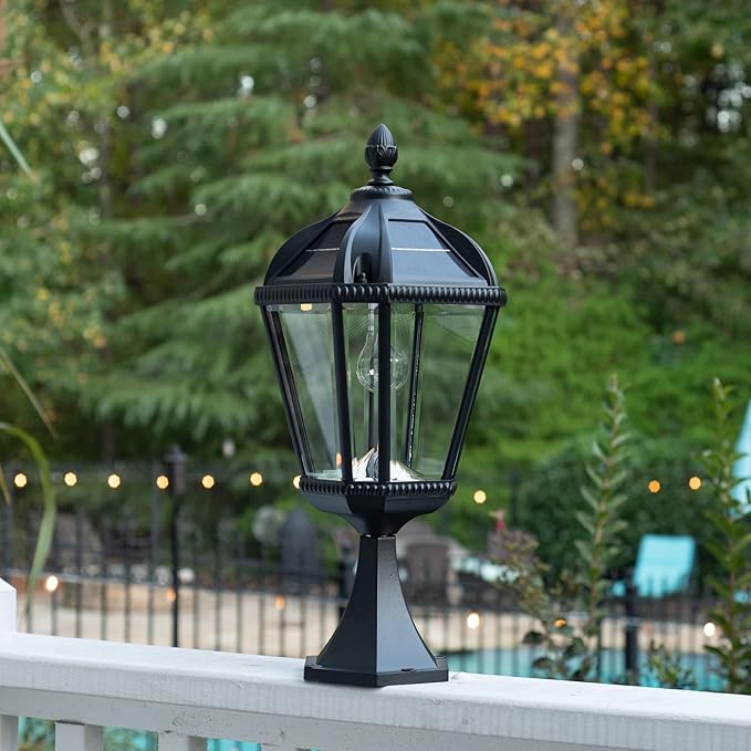 Gama Sonic Outdoor Solar Post Light with Pier Base, Black Aluminum and Beveled Glass, Royal Bulb 150 Lumens Warm | Lumora