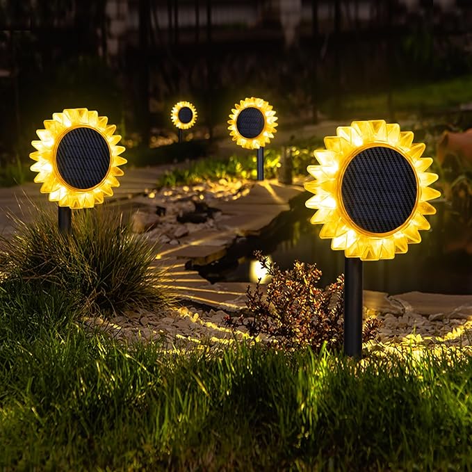 HUYIENO Solar Lights Outdoor Garden Decor Sunflower Waterproof Pathway Fence Lighting Ground/Wall Mounting 2 in 1 for Garden,Patio,Yard Decoration