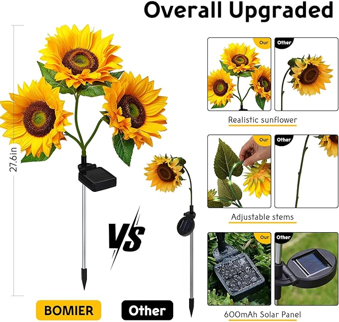 6 Pack Solar Lights Outdoor, Solar Flowers Outdoor Waterproof, Sunflower Garden Decor, Solar-Powered Lights for Yard Outside