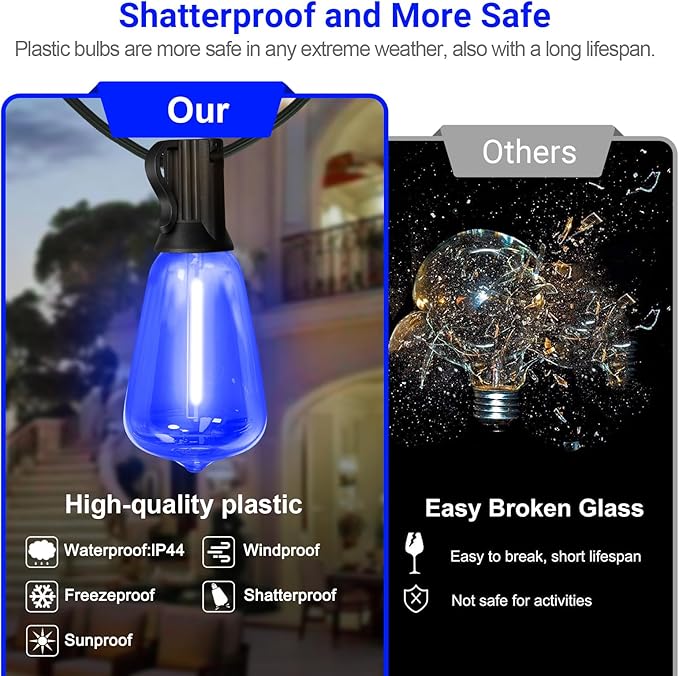 LAMPHOME 26Ft ST38 Outdoor String Lights, Blue Patio Lights with 12+1 ST38 Edison Bulbs, LED Shatterproof String | Lumora