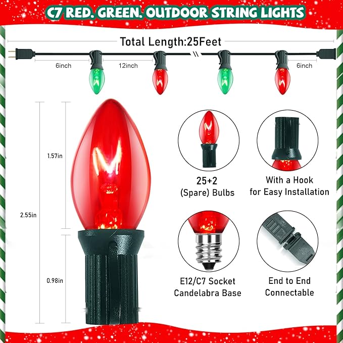 C7 Red Green Christmas Lights Outdoor, 25Ft Vintage Christmas String Lights with 27 Clear Red Green Ceramic Bulbs, Waterproof Connectable Christmas Decorations for House, Xmas Tree, Garden, Yard