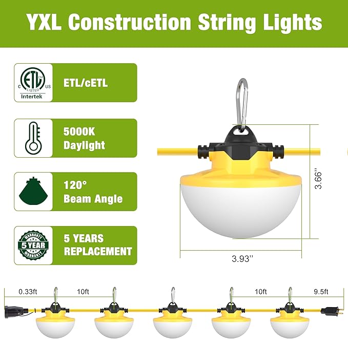 YXL 8000LM 65W Construction String Lights, 50FT Industrial String Work Lights, IP65 Waterproof 18AWG Wire 5000K Super Bright for Construction Sites Temporary Work Jobsites Outdoor Lighting (2Prong)
