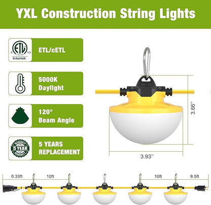 YXL 8000LM 65W Construction String Lights, 50FT Industrial String Work Lights, IP65 Waterproof 18AWG Wire 5000K Super Bright for Construction Sites Temporary Work Jobsites Outdoor Lighting (2Prong)