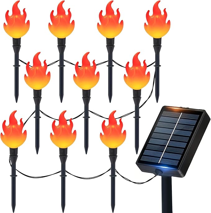ALENEY Christmas Light Solar Lights Outdoor, 6.2Ft Cute Flame Light String with Stake, Waterproof 10 LED Garden Decor for Outside Patio Pathway Yard Halloween Decorations, Warm White