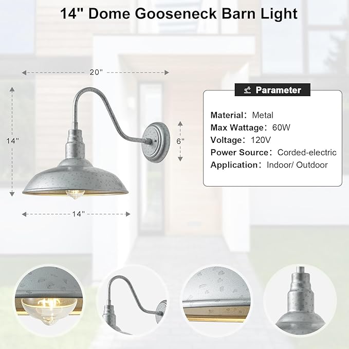 14 Inch Barn Farmhouse Outdoor Light Fixture, 2 Pack Exterior Gooseneck Lights with Galvanized Steel Finish | Lumora