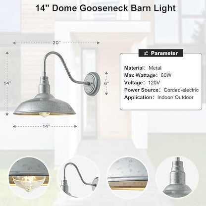 14in Outdoor Gooseneck Barn Lights for Patio, Galvanized Finish Exterior Farmhouse Wall Light Fixtures, Barn Style Porch Wall Sconce for Garage, Front Door