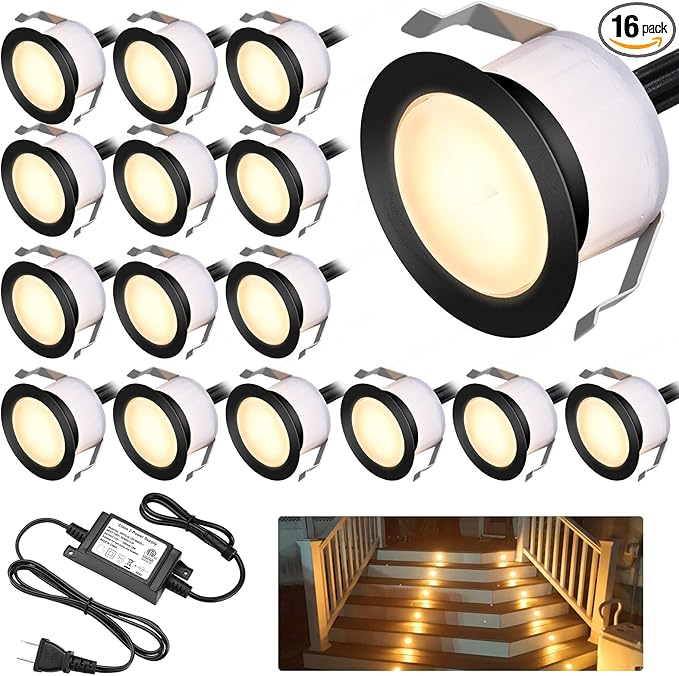 LED Deck Light Kits Warm White, Φ1.22 Recessed Step Light 16 Pack with Black Protective Shell, DC12V Low Voltage LED Deck Lighting, IP67 Waterproof Outdoor Stair Lights for Garden