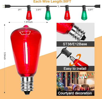 50Ft Outdoor Multicolor String Lights, LED Dimmable Christmas Red/Green Lights Outdoor Waterproof with 25 ST38 Red/Green LED Bulbs, 2700k Shatterproof for Backyard Gazebo Porch Garden Outside Decor