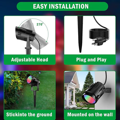 Spotlight Outdoor RGB Led Lights, 12W Color Changing Outdoor Floodlight Fixture with Stake for Garden Yard Path, 120V Waterproof Landscape Lighting Plug in with Remote (4 Pack)