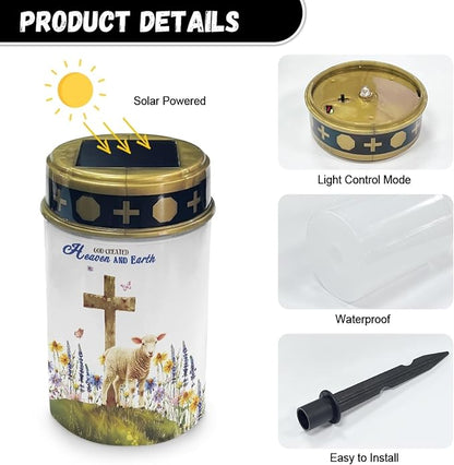 Cross and Earth Cemetery Lights for Grave,Solar Stake Lights Landscape Lighting Solar Lantern Flameless Lights Waterproof Garden Lights Cemetery Solar Lights Outdoor Lights-Warm White Lights