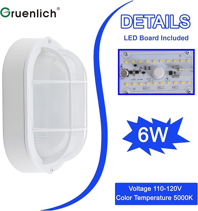 GRUENLICH LED Bulkhead Light, Flush Mount for Wall or Ceiling, 6W, 600 Lumen, Dimmable 5000K Daylight White, Outdoor Rated, Aluminum Housing, White Finish, 2-Pack