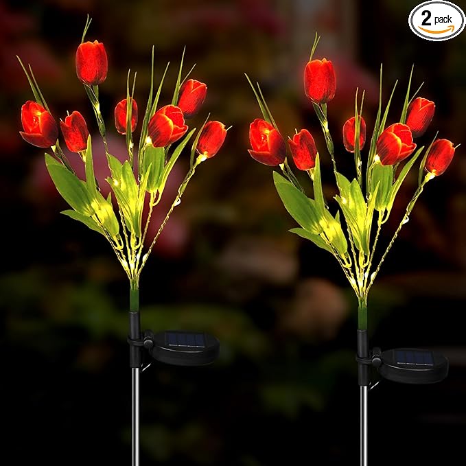 Aolyty Solar Garden Lights Outdoor, Solar Tulip Lights 2 Pack with 14 Tulip Flowers, IP65 Waterproof LED Stake Light for Pathway Patio Yard Landscape Decorative (Red)
