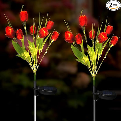 Aolyty Solar Garden Lights Outdoor, Solar Tulip Lights 2 Pack with 14 Tulip Flowers, IP65 Waterproof LED Stake Light for Pathway Patio Yard Landscape Decorative (Red)