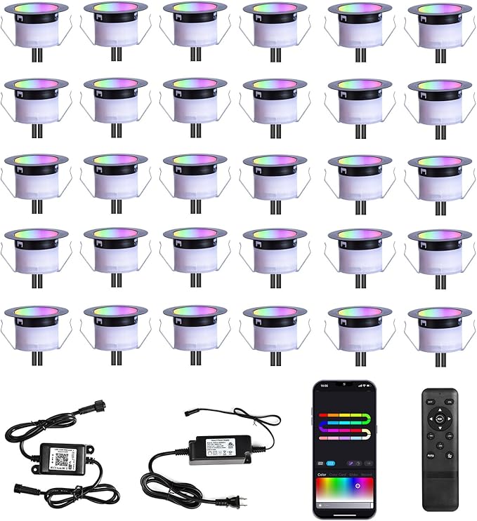 LED Deck Lights Kit, 30 Pack 1.77" Smart RGBW+IC Outdoor Lights | Low Voltage Recessed Deck & Step Lights | IP67 | Lumora