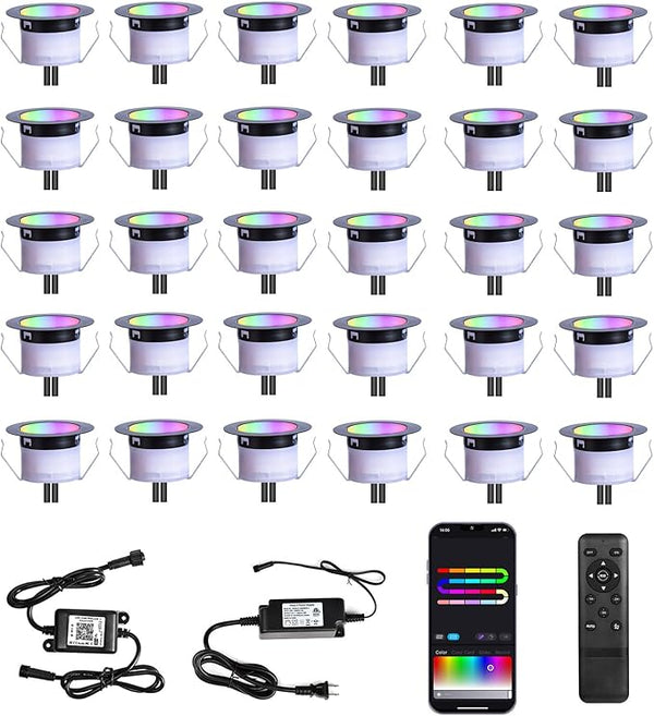 LED Deck Lights Kit, 30 Pack 1.77" Smart RGBW+IC Outdoor Lights | Low Voltage Recessed Deck & Step Lights | IP67 | Lumora