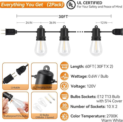 60FT Total LED Outdoor String Lights 2-Pack Dimmable Extendable S14 Bulbs IP44 Weatherproof Shatterproof Value Pack for Deck Garden