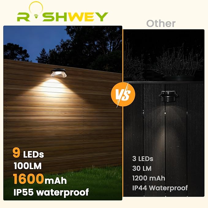 ROSHWEY Outdoor Fence Lights, 6 Pack Solar Gutter Lights with 9 LED Waterproof for Eaves Garden Garage Porch Stairs Wall 2 Installations Methods, Black Lampshade (Cool White)