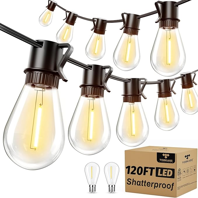 Torkase Outdoor String Lights 120FT S14 Patio Light 30+2 S14 Edison Bulbs 2200K Waterproof Connectable Dimmable Hanging Lights for Cafe Deck Party