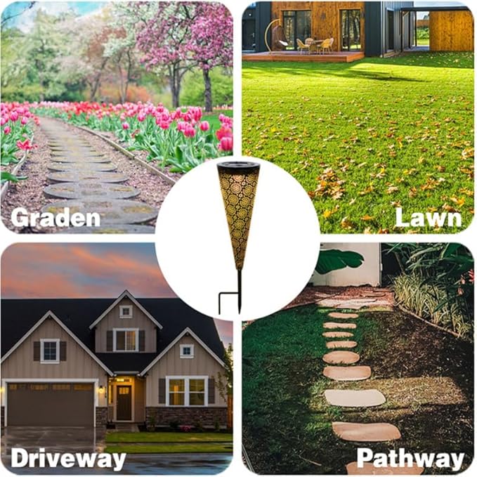 Hemoton Solar Outdoor Lawn Lights with Metal Hollow Cone Design Cordless Solar Garden Spot Lights for Patio Pathway Yard Landscape Lighting Easy Installation