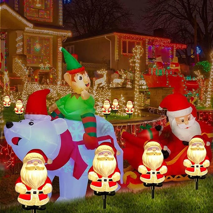 Upgraded 6-Pack Solar Christmas Garden Stake Lights, Outdoor Waterproof Solar Santa Claus Stake Christmas Pathway Lights for Garden Decorations Lawn Pathway Patio (8 Modes)
