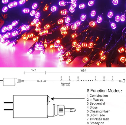 HOME LIGHTING Halloween Lights, 66FT 200 LED Plug in Green Wire String Light, 8 Lighting Modes Waterproof Fairy Mini Lights for Indoor Outdoor Christmas Wedding Party Decorations (Orange & Purple)