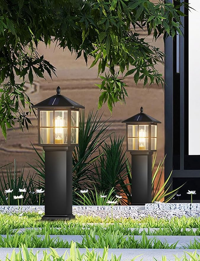 Solar Square Landscape Lights 23.6" Outdoor Solar Pathway Light Glass Bollard Lantern Auto On/Off Solar Garden Floor Lamp 3-Color Waterproof Solar Path Light For Lawn Courtyard Walkway Driveway