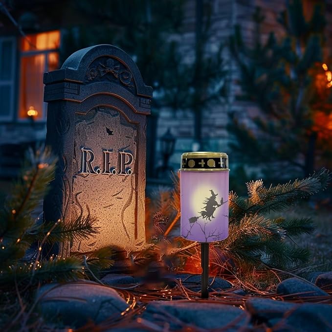 Solar Garden Lights Witch Moon Print Solar Outdoor Lights Waterproof Solar Lights for Cemetery Halloween Decoration Landscape Path Lights LED Solar Lamp for Yard Garden Driveway
