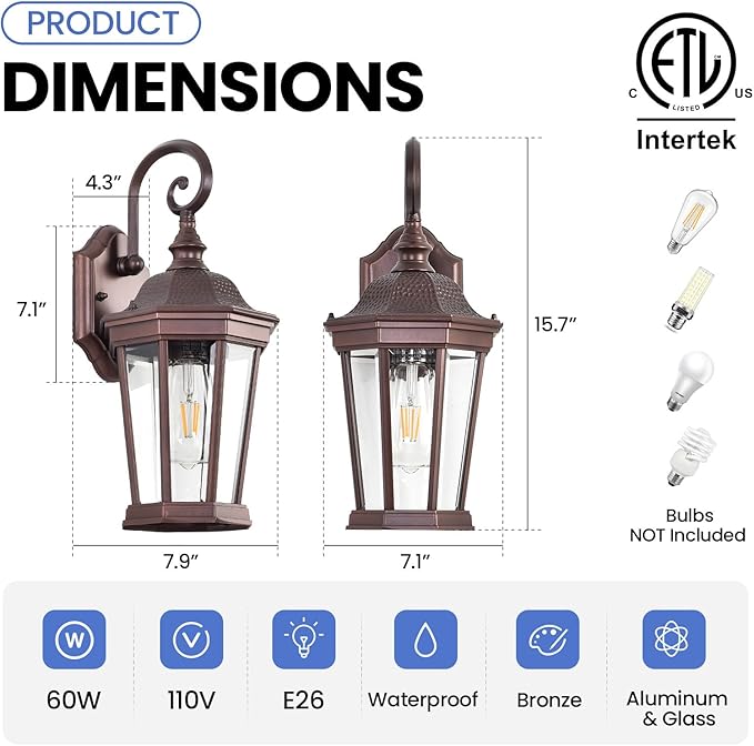 Outdoor Wall Lantern, Exterior Waterproof Outdoor Wall Light Fixtures, Brown Aluminum Porch Sconces with E26 | Lumora