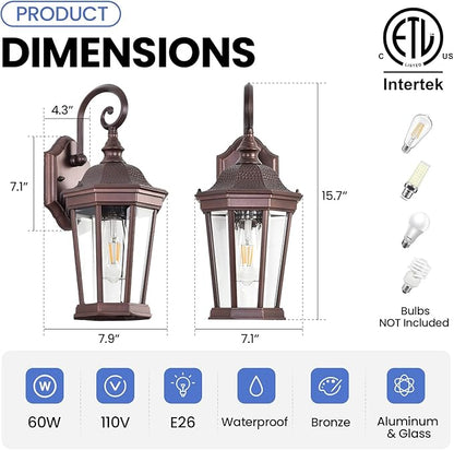 Outdoor Wall Lantern, Exterior Waterproof Outdoor Wall Light Fixtures, Brown Aluminum Porch Sconces with E26 Sockets & Clear Glass