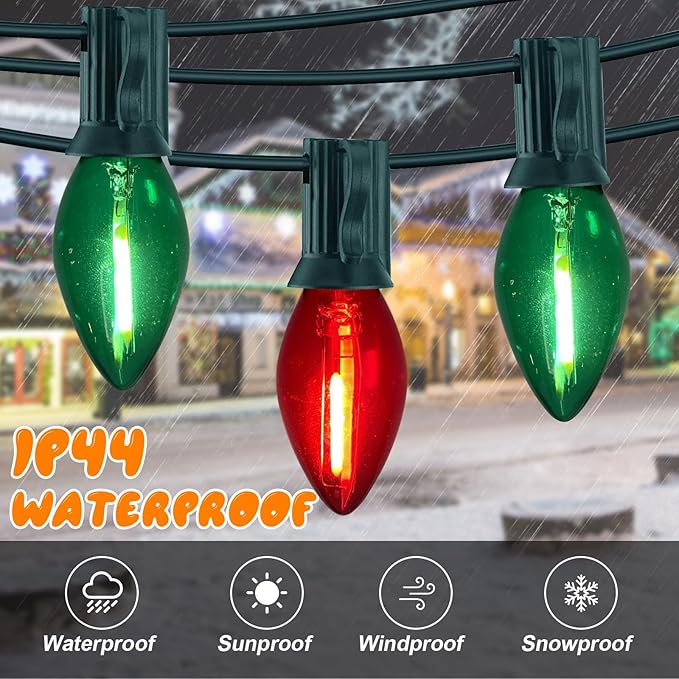 GOOTHY C7 LED Red and Green Christmas Lights 25Ft LED Outdoor String Lights with 27 Clear Red & Green Bulbs, Vintage Christmas Lights for Tree Carnival Patio Wedding Holiday Pathway Roofline Decor