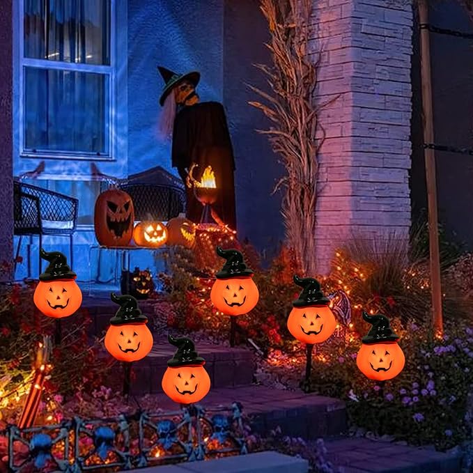 Halloween Pumpkin Pathway String Lights 4 Jack-o-Lantern Stakes Lights with C7 Bulbs, 7Ft Extendable Wizard Hat | Lumora