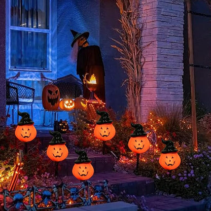 Halloween Pumpkin Pathway String Lights 4 Jack-o-Lantern Stakes Lights with C7 Bulbs, 7Ft Extendable Wizard Hat Pumpkin Markers Lights for Outdoor Halloween Lawn Pathway Walkway Driveway Lighting