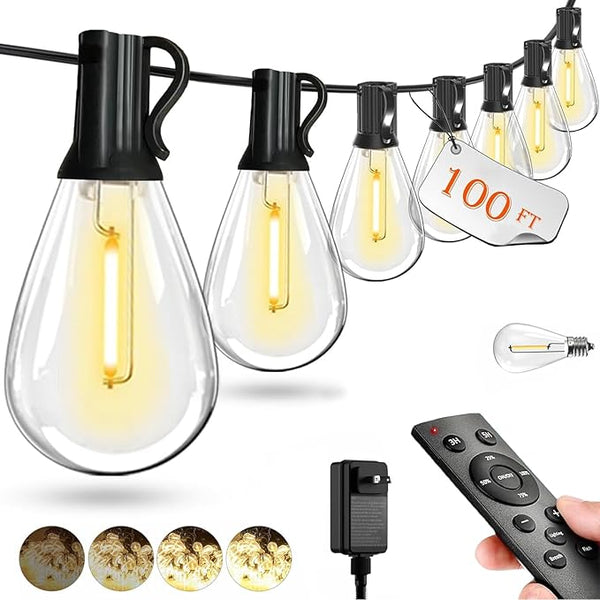 100FT LED Outdoor String Lights with Remote, Dimmable Timing 3 Light Modes Outside Patio Lights for Backyard Porch | Lumora