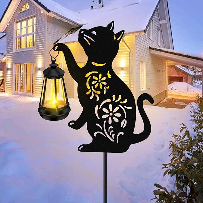 Solar Garden Statues Cat Decor - Outdoor Metal Lantern Silhouette Stake, Waterproof Solar Lights for Yard Patio | Lumora