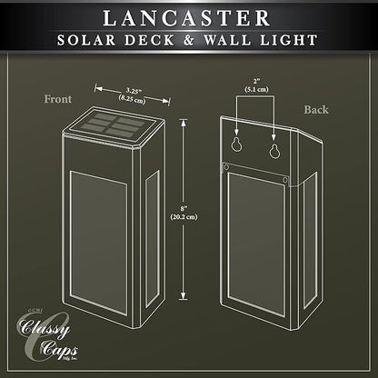 Classy Caps SWL888 - Black Aluminum Lancaster Deck & Wall Light (2 Pack) – Outdoor Solar LED Lighting, Durable Black Aluminum, Real Glass Construction, Perfect for Outdoor Decks, Patios, and Walls.
