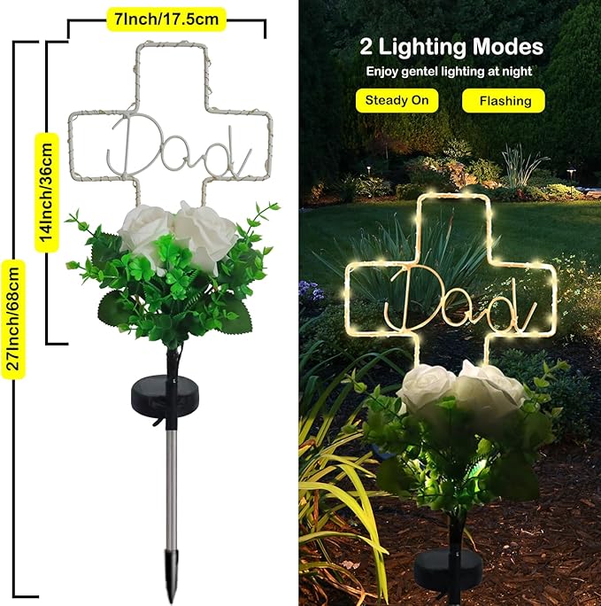 Lmtocs New Version Solar Cross Light for Cemetery Dad, 2 Modes with Rose Flower for Dad Grave Decorations, Waterproof Outdoor Light for Christmas Father Day Memorial Day Grave Decor