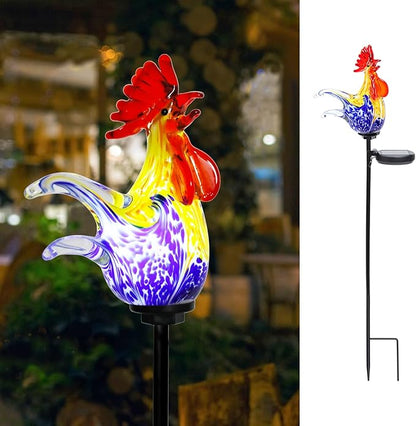 Bshine Solar Garden Decor Outdoor Rooster Light, Hand Blown Glass Waterproof Solar Light Stake Decoration Road, Path, Lawn and Yard Art for Moms, or Chicken Lovers