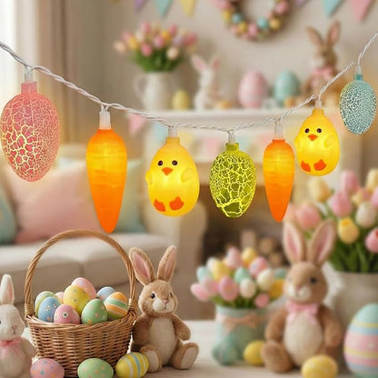 8.5Ft Outdoor Easter String Lights with 10 Cracked Egg, Chick & Carrot LED Decorative Lights for Spring & Easter Decor, Hanging Spring Themed Party Lights for Indoor & Outdoor Holiday Patio Garden