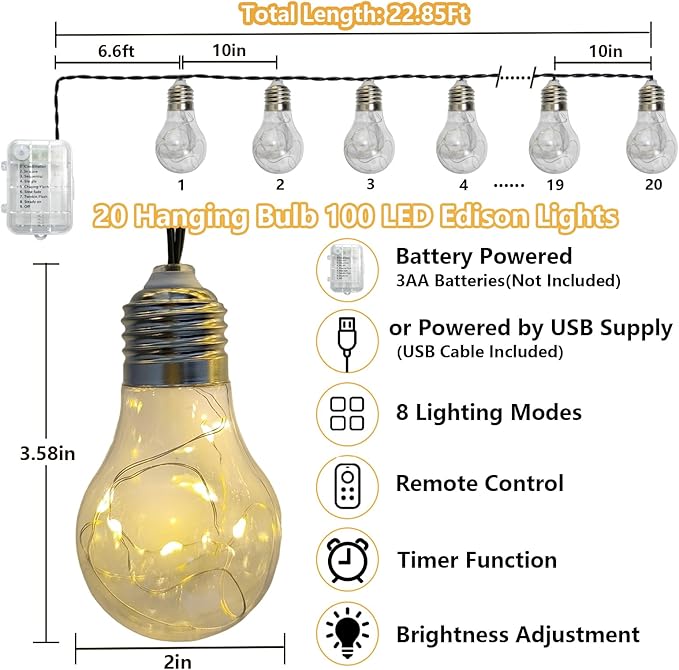 Battery Operated Outdoor Lights 22.85FT 20 Edison Bulb String Light Outdoor 100 LED Fairy Lights with Timer & 8 | Lumora