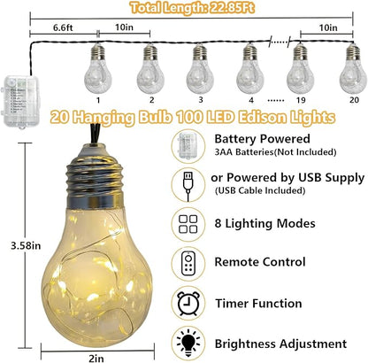 Battery Operated Outdoor Lights 22.85FT 20 Edison Bulb String Light Outdoor 100 LED Fairy Lights with Timer & 8 Modes, Warm White Indoor String Light for Wedding Patio Balcony Christmas Camping Decor