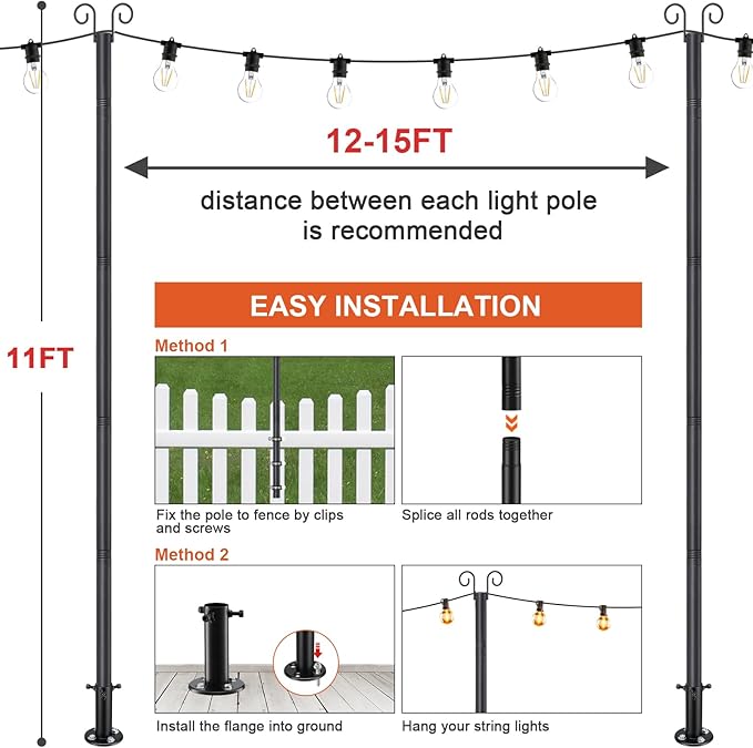 String Light Poles for Outside, 11FT Outdoor String Light Pole Heavy Duty Metal Lights Pole Stand with Flange Base | Lumora