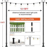 String Light Poles for Outside, 11FT Outdoor String Light Pole Heavy Duty Metal Lights Pole Stand with Flange Base | Lumora