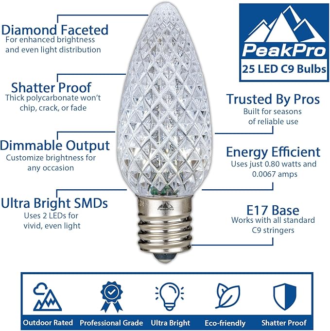 Novelty Lights 250CT C9 LED Faceted Ultra Bright Dimmable Outdoor Christmas Light Replacement Bulbs Decorative LED | Lumora