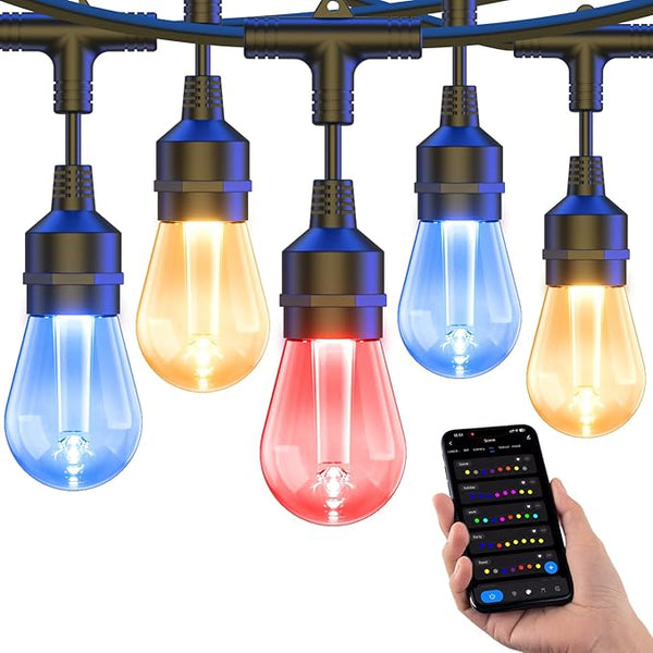 XMCOSY+ Outdoor String Lights Smart, 49Ft RGBCWIC Patio Lights Waterproof, App Control, Compatible with Alexa | Lumora
