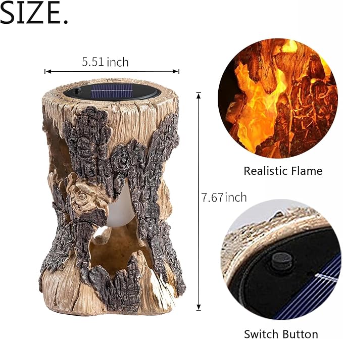 Solar Garden Lights, Flickering Stump Solar Flame Lantern Light Waterproof, Outdoor Stump On Fire Torch Light, Solar Powered Landscape Decoration Lighting for Patio Pathway Deck Yard (Natural)